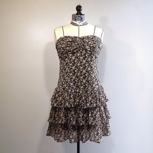 Express brown flowered strapless ruffle dress